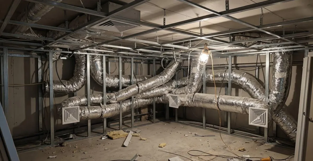Vue d'un réseau de gaines isolées de climatisation intégré dans un faux plafond contemporain avec bouches de soufflage discrètes