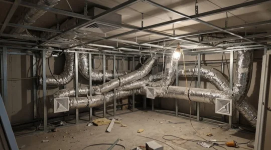 Vue d'un réseau de gaines isolées de climatisation intégré dans un faux plafond contemporain avec bouches de soufflage discrètes